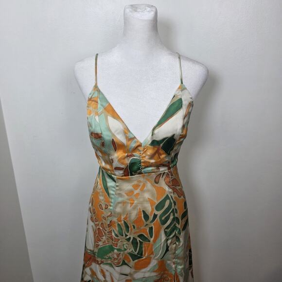 Hello Molly Green Orange Tropical Leg Slit Rainforest Glow Maxi Dress Size Small - Picture 3 of 6